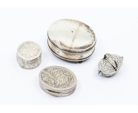 A collection of silver boxes to include: an oval ring box on four canted feet, fitted interior, marks rubbed; a 925 silver pi