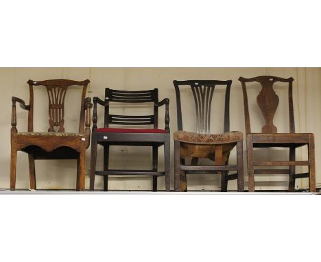 Four various George III chairs, comprising a Chippendale period mahogany side chair, an elm Chippendale style side chair with