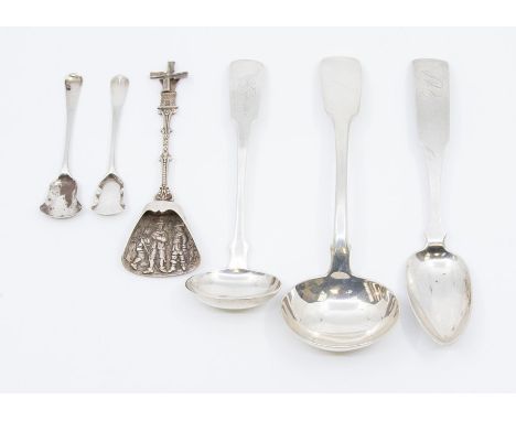 A collection of silver flatware to include: American Interest: An American late 19th Century white metal fiddle pattern memor