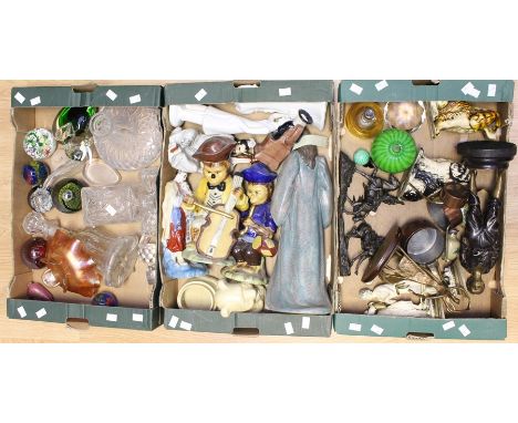 A collection of glass paperweights, ceramic and resin figures, decanters and other decorative items&nbsp;