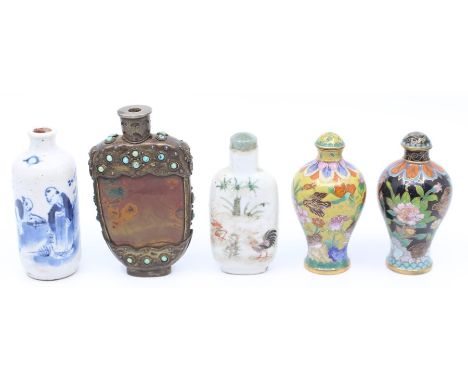 Five various scent bottles, comprising two cloisonne examples, two ceramic and a further carved agate example