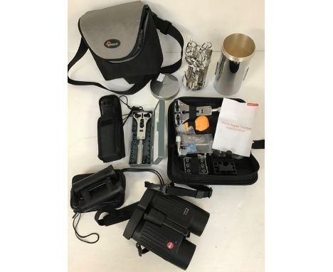 Small cased binoculars, bird watching scopes, watch makers tools etc along with surgical equipment