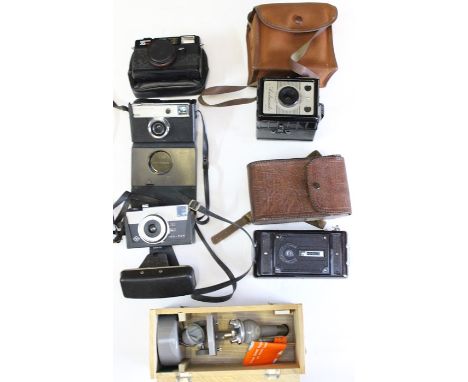 A cased Hanimex 35me, together with a cased Agfa Iso-Pak, Coronet Ambassador, Kodak Instamatic 333 and Soho Cadet fold out ca