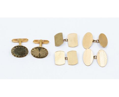 Three pairs of 9ct gold cufflinks to include a diamond cut oval swivel pair along with a pair of oval machine engraved chain 