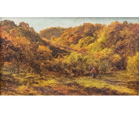 George Turner (British, 1843-1910), a wooded landscape with a figure and a dog, signed l.r., oil on board, 25 by 42cm, gilt f