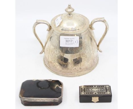 A metal collection including tortoiseshell snuff box 19th Century with white metal trim, along with ebony snuff box, with whi