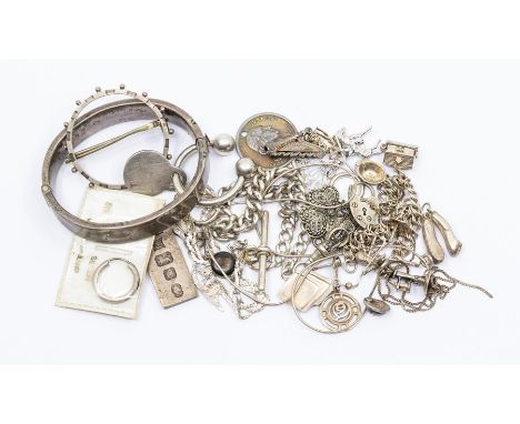 Silver jewellery, including bangle, charm bracelet, Tiffany &amp; Co keyring, chains, earrings, ingot, etc, total gross weigh