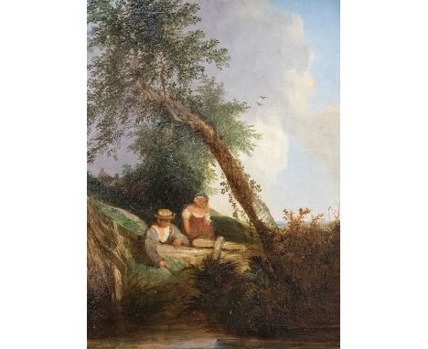 Edward Charles Williams (British, 1807-1881), two figures fishing, oil on canvas, 30 by 21cm, gilt frame C R: No apparent sig