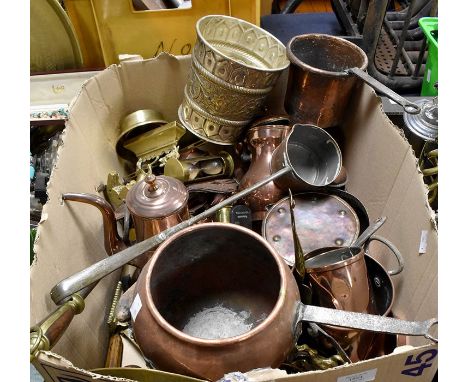 A collection of brass and copper wares, 18/19/20th Century, cooking pots, hot water kettles, plates etc*** Provenance: from t