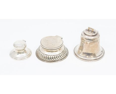 Three various silver inkwells to include: Victorian circular example ogee with gadroon section, the cover engraved with inscr