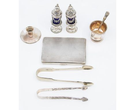 A Georgian style sterling silver bright cut engraved pair of sugar nippers, Chester, 1904 together with a group of Continenta