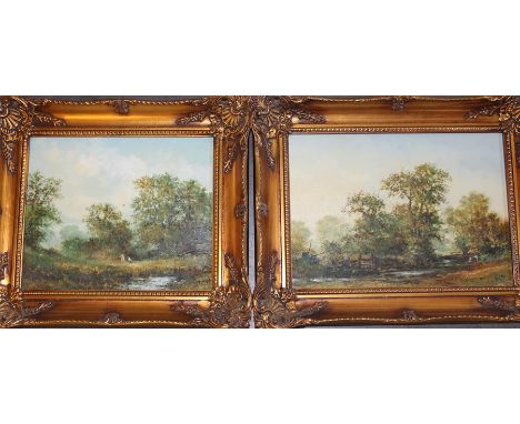 C Neil, British, contemporary, two oils on canvas of rural idylls, 24 x34cm and 24 x 29cm, signed l r, framed&nbsp;