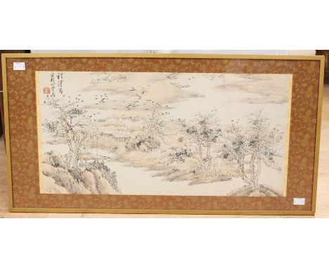 A Japanese woodblock print, possibly Meiji period, depicting a foliate landscape, pen and ink, lightly coloured wash, within 