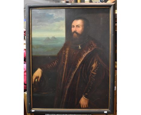 Spanish School, 19th Century Portrait of an explorer at a window with coastal forts beyondoil on board, 96 x 74cmProvenance: 