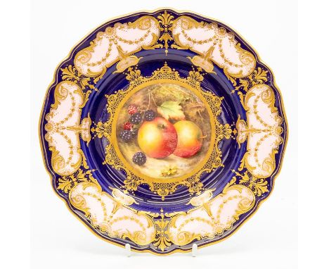 A Royal Worcester dessert plate by Richard Sebright, dated 1924, of lobed circular shape and finely painted with apples and b