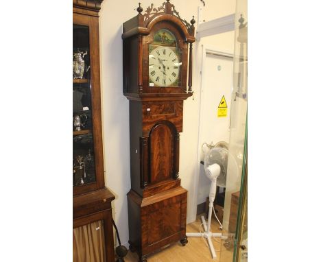 A 19th Century mahogany eight day longcase clock, circa 1850, arched top hood, white painted dial and black Roman numerals, p