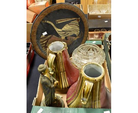 A collection of metal wares including figures, brass trays, brass boxes, glass wares, ceramic vases, figures and chargers etc