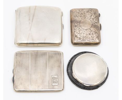 Three various cigarette cases, one profusely engraved, one plain, one engine turned and an engine turned compact holder,&nbsp
