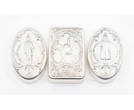 Militaria Interest: A collection of two sterling silver stamped 925/1000 oval pill boxes and covers, each embossed with Regim