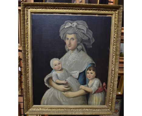 British School, late 18th Century,  portrait of a mother and children,  oil on canvas,  hessian backing, unsigned, 75 x 60cm,