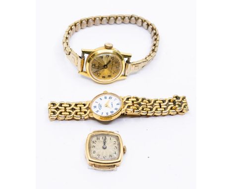 An 18ct gold 1930's ladies watch face, cushion shaped champagne dial with Arabic number markers, case diameter approx 20mm, t