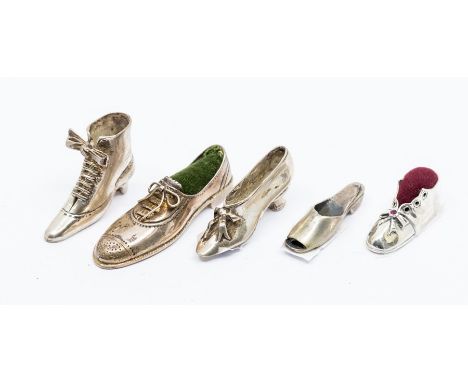 An Italian 925 sterling silver pin cushion in the form of a broque; another small shoe pin cushion and three various 800 stan