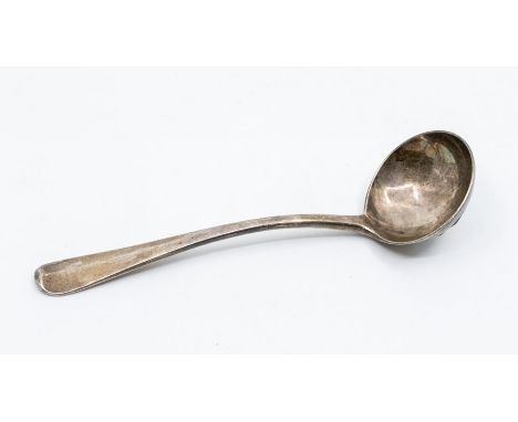 A George V silver Hanovarian with rat tail sauce ladle, crest engraved to reverse handle, London, 1922, maker's mark rubbed, 