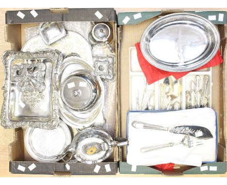 A collection of silver plate, EPNS to include flatware, entree dishes, teapot, horn handled steak knives and fork, tray, cand