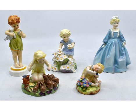 Royal Worcester figures modelled by Freda G. Doughty, February 3453; May 3455, Woodland Dance 3076; Masquerade Girl 3360, Mas