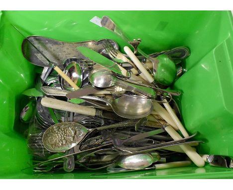 A collection of silver plated items including pots, flat ware, brass and copper items, including a hunting horn, vase and pla