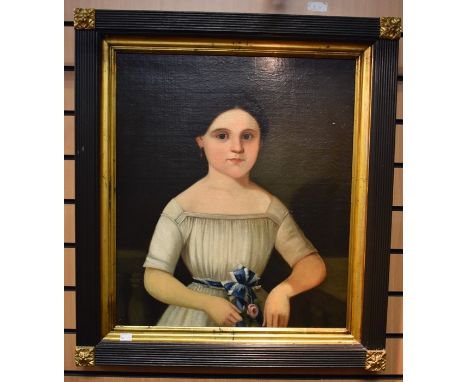  British School, Early 19th CenturyPortrait of a Girl holding a flower, white dress, ribbon tied blue sash oil on canvas, 60 