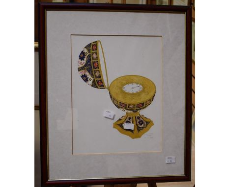 Hand-painted Royal Crown Derby watercolour of an Imari timepiece along with a watercolour of Poole by Robert Hamilton, a larg