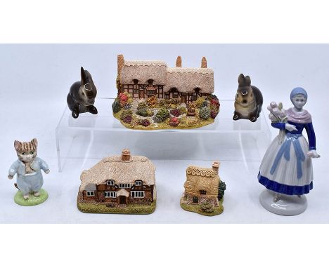 Three boxed Lilliput Lane cottages, Beatrix Potter Tom Kitten, two Goebel rabbits and a Dutch figure