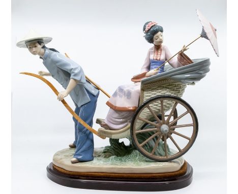 &nbsp;Lladro figure of Chinese girl being pulled in a carriage by Chinese taxi man, on stand