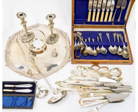 silver plate / EPNS to include large circular tray, canteen of cutlery in fitted oak box and a collection of flatware and pai