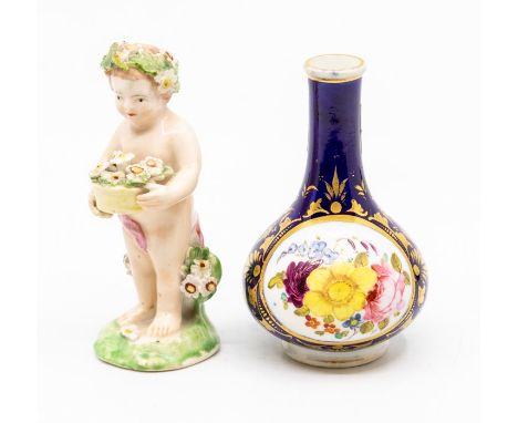 A Derby miniature bottle neck vase, painted with flowers, blue ground, red marks to base; a Derby patch mark putto, holding a