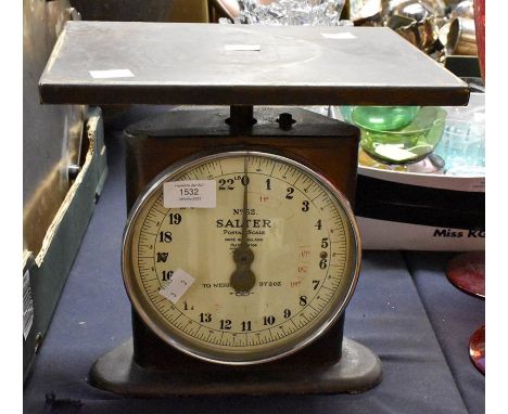 A Bakelite Smiths of Enfield electric wall clock along with Post Office scales, Salter No 52 metal