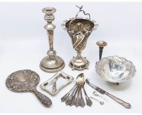 A collection of silver and low grade white metal to include: 925 sterling shaped rectangular dish, circa 1920s, marks rubbed;