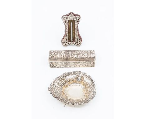 A Victorian silver mounted desk thermometer, London, 1898 together with a heart shaped pierced ring dish, Birmingham, 1896; a