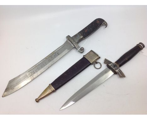 Two daggers: Third Reich RAD Hewer with 245mm long blade, maker marked Boker, 380mm overall length, no scabbard. Along with a