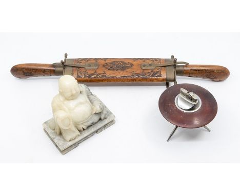 Indian hard wood carved display knife, Deco desk lighter and onyx Chinese Buddha&nbsp;