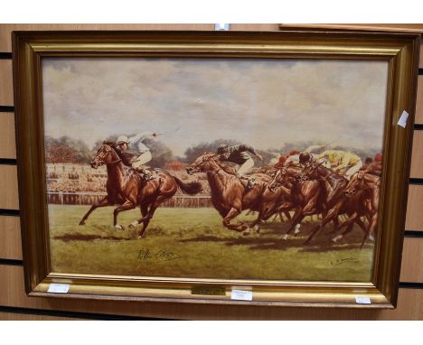 Oleograph of the 200th Derby at Epsom, signed by the artist, Gillian Hoare, and Willie Carson, the winning jockey