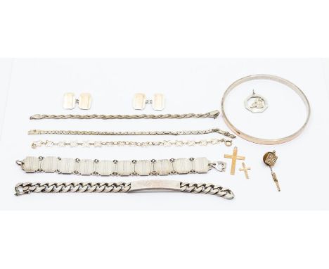 A 9ct gold bracelet, two 9ct crosses, total gross weight approx 3.3gms; four silver bracelets, a gold on silver bangle, silve