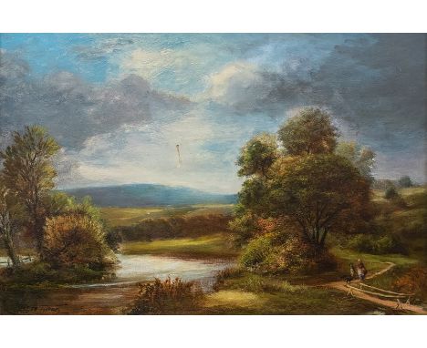 George Turner (British, 1843-1910), a meandering river landscape with two figures and a dog on a lane. signed l.l., indistinc