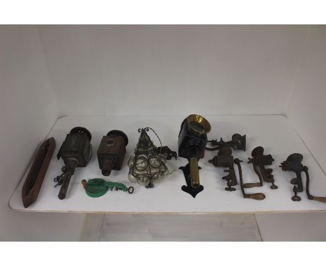 A collection of assorted items, comprising black and brass edged carriage lamp, a pair of carriage lamps, a shuttle, grinders