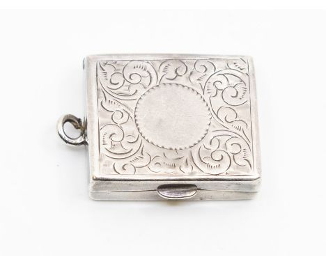 An Edwardian silver viniagrette, profusely engraved body, pierce floral grille, suspension ring by Cornelius Desormeaux Saund