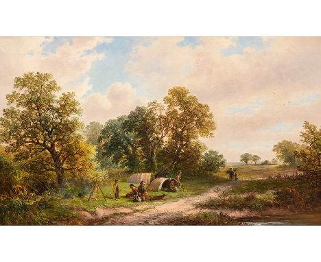  George Turner (British, 1843-1910), A Gypsy Camp near Milton, Derbyshire, signed l.l, titled verso, oil on canvas, 60 by 100