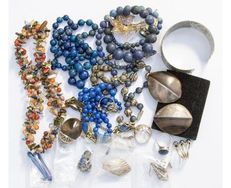 A collection of jewellery to include lapis lazuli and sodalite bead necklaces, rings and earrings, silver rings and earrings,