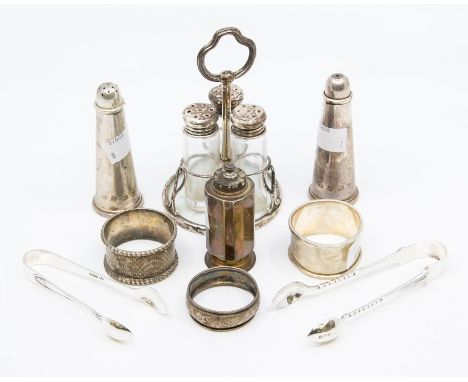 A collection of silver table ware to include: a pair of Modern tapering salt and pepper pots, by A T Cannon Ltd, Birmingham, 