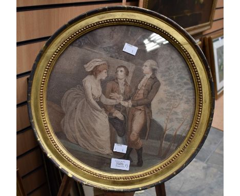 An early 19th Century coloured print in a round period frame, along with two other prints